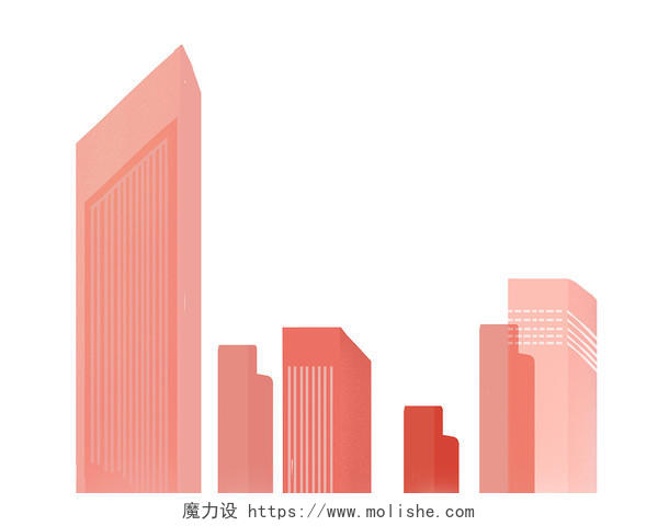 红色手绘简约城市建筑高楼大厦剪影元素PNG素材